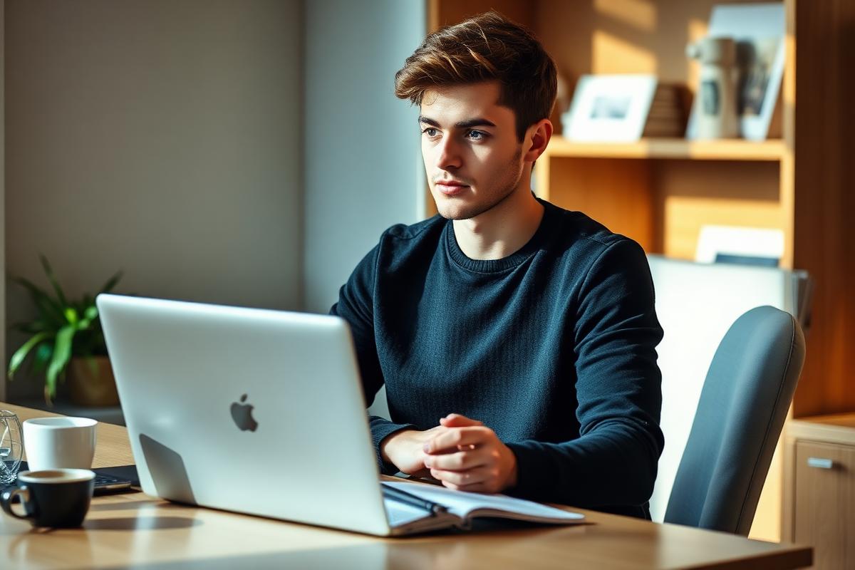 Antreprenor la început de drum, la birou cu laptop și notițe